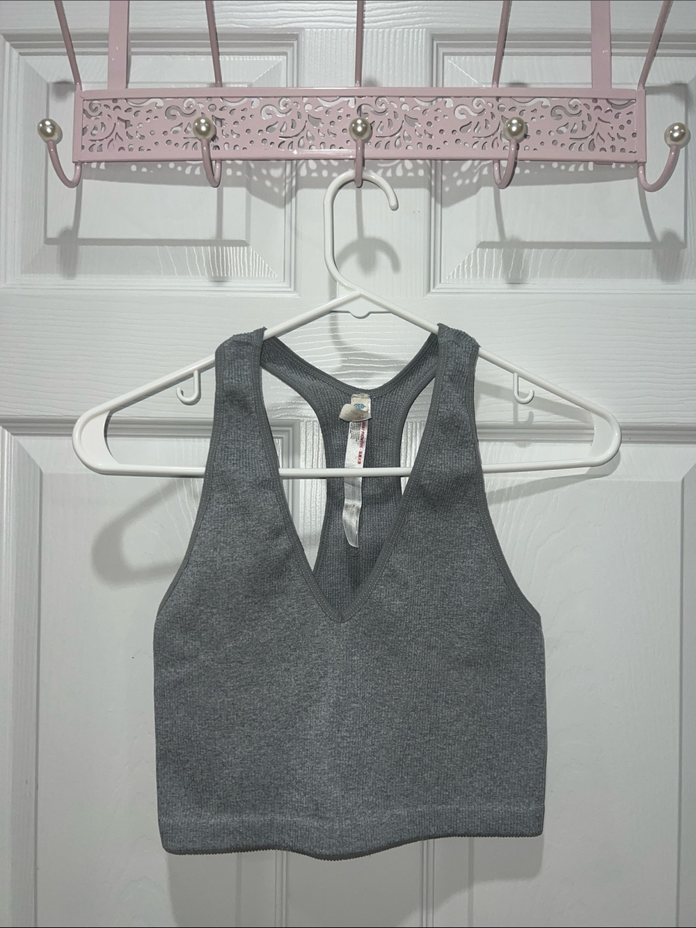 Gray Ribbed V-Neck Racerback Crop Top